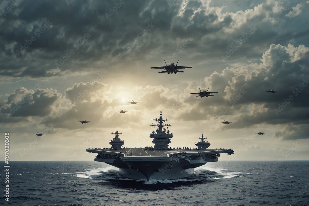 Naklejka premium The warship is an aircraft carrier at sea.Military planes fly by sea.