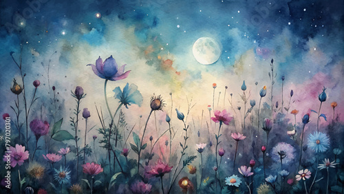 Watercolor background of wildflowers illuminated by moonlight