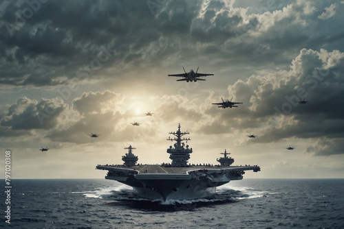 The warship is an aircraft carrier at sea.Military planes fly by sea.