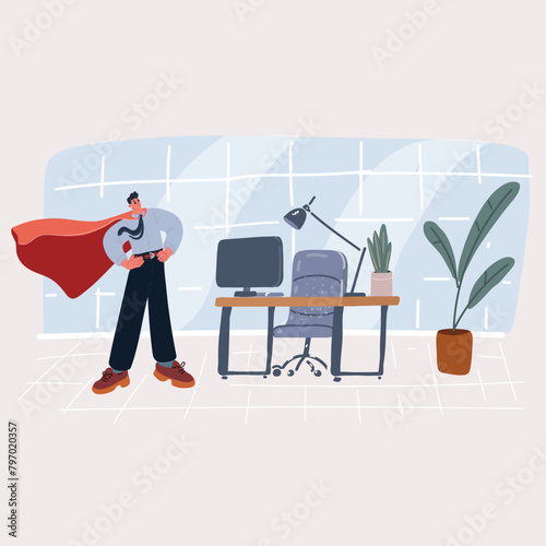Cartoon vector illustration of Young businessman acting like a super hero in the office