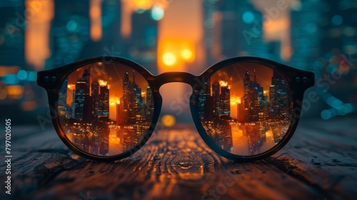 Apocalyptic vision through glasses reflecting a burning cityscape at night