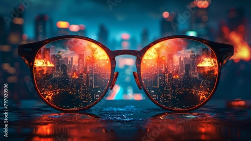 Apocalyptic vision through glasses reflecting a burning cityscape at night © Yusif