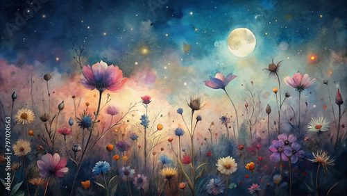 Watercolor background of wildflowers illuminated by moonlight © Fauzi Arts