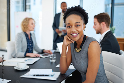 Black woman, lawyer and smile in portrait at meeting for negotiation, investigation or legal career. Attorney, advocate and person with documents, contract and happy in office at corporate law firm photo