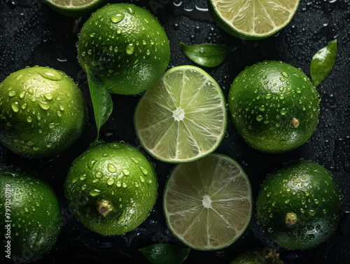 A bunch of green limes with some of them cut in half. The limes are wet and shiny