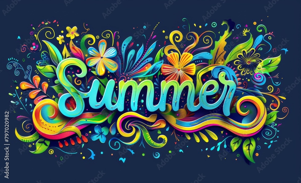 summer with colorful swirls and flowers, text 