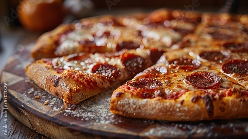 Delicious pepperoni pizza with golden melted cheese on a rustic table setup