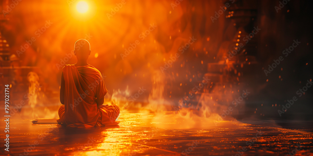 Buddhist monk in meditation, praying, the sun above his head, illuminating his silhouette, free space for a test