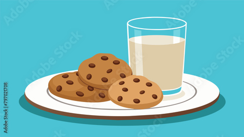 A plate of warm and chewy chocolate chip cookies straight out of the oven and served with a cold glass of milk..