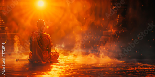 Buddhist monk in meditation, praying, the sun above his head, illuminating his silhouette, free space for a test photo
