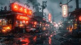 Dystopian cityscape with neon signs in a post-apocalyptic urban setting