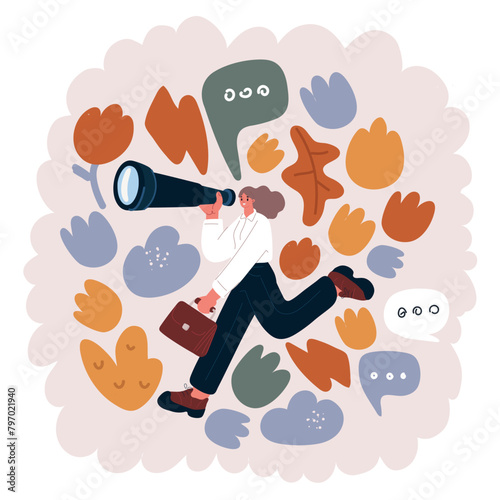 Cartoon vector illustration of business Woman looks through big giant binocular. Looking and researching concept.
