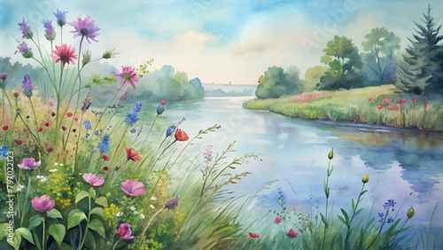 Watercolor background of wildflowers growing by the riverside