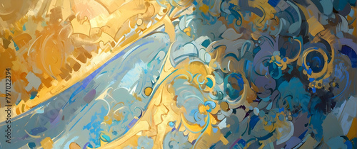 A luxurious abstract image with swirling gold and blue tones suggesting opulence and tranquility