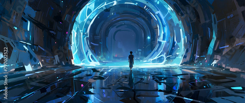 A figure stands before a grand illuminated portal, set against the backdrop of a futuristic desolate landscape suggesting exploration photo