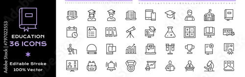 Education line icons - editable stroke