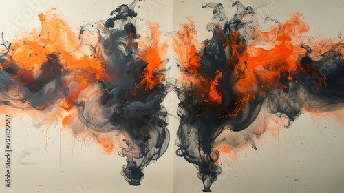 Vibrant Rorschach inkblot in orange and black, evoking feelings of fiery emotion and abstract art