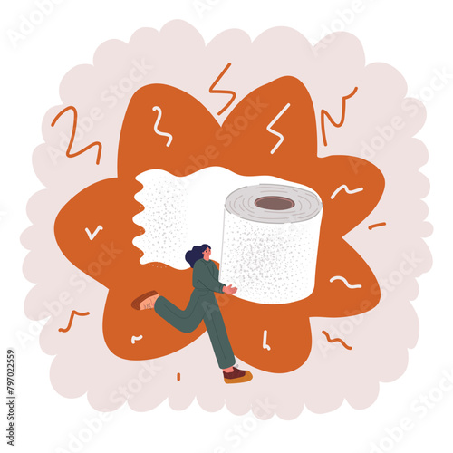 Cartoon vector illustration of woman carrying big roll of toilet paper