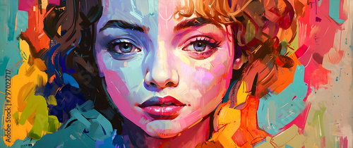 Close-up digital painting of a young woman s face with a colorful  impressionistic style