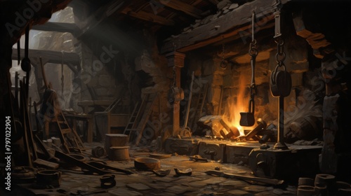 Evocative and detailed depiction of a rustic blacksmith's workshop, featuring a glowing forge photo