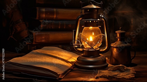 Vintage still life with an old lantern, antique books, and rustic utensils on a wooden table