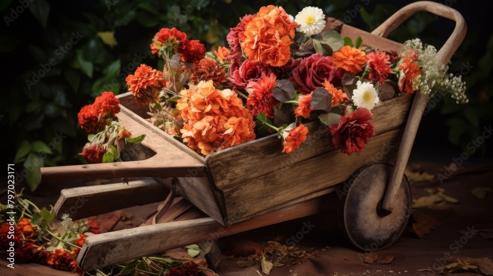 Charming rustic scene of a vintage wheelbarrow overflowing with colorful flowers