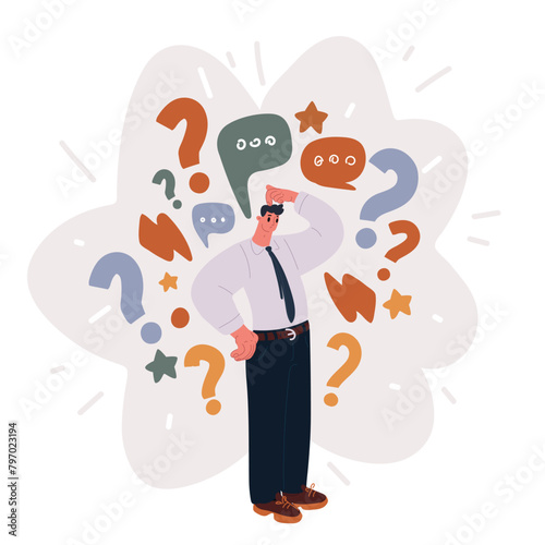 Cartoon vector illustration of man having doubts with confuse face expression while scratching head
