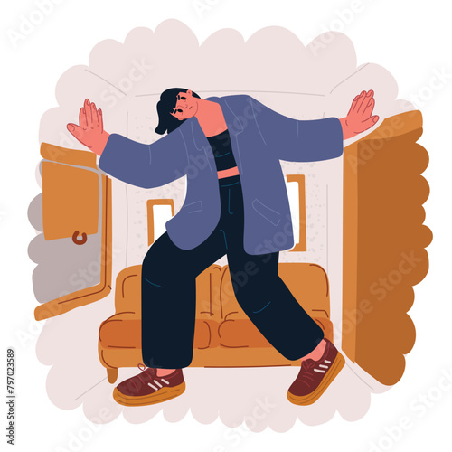 Cartoon vector illustration of woman is suffering in cramped house room. Small uncomfortable place