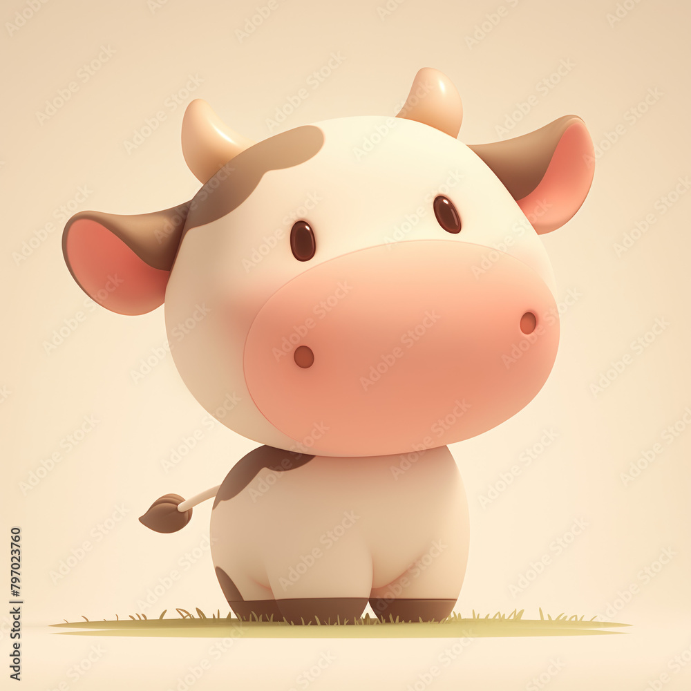 Fototapeta premium Cute Cow Standing on Green Grass on a Beige Background