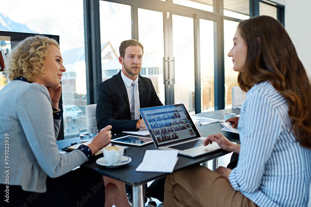 Teamwork, lawyers or business people on laptop in conversation or meeting for law firm consulting. Legal advice, planning or attorneys talking in group discussion for news update or feedback review