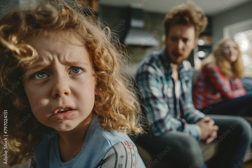 Little crying girl frustrated with psychological problem caused by mom and mother arguing, family conflicts or divorce impact on child concept. Little crying girl frustrated with psychological problem caused by mom and mother arguing, family conflicts or divorce impact on child concept.
