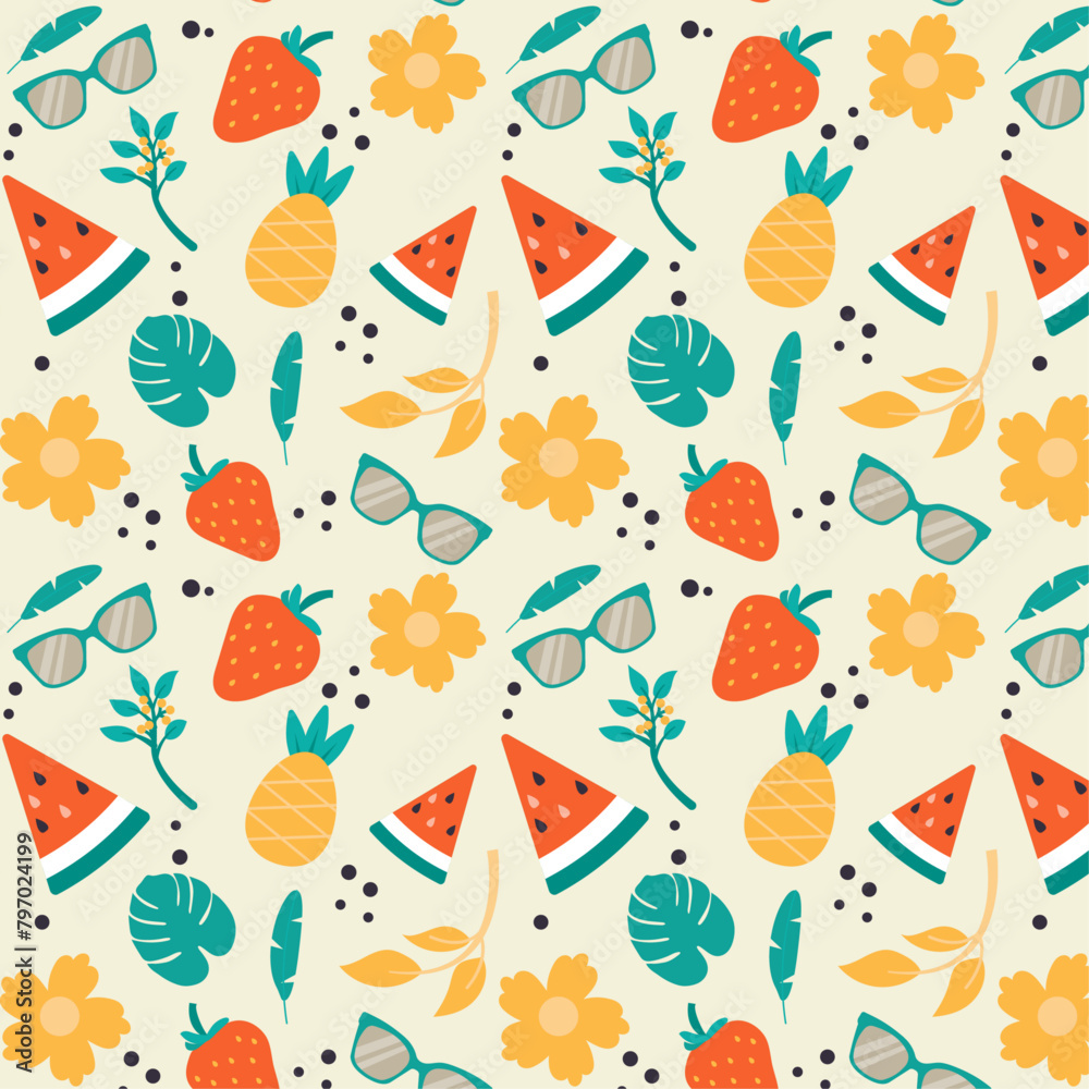 Flat design summer fruit and floral seamless pattern design Flat design summer fruit and floral seamless pattern design
