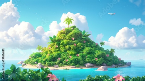 A tropical island with palm trees, pink flowers, and a blue ocean.
