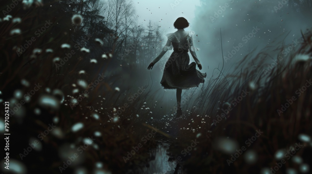 A surreal image showing a girl levitating above a misty stream in a forest, with white flowers adding to the mystical vibe