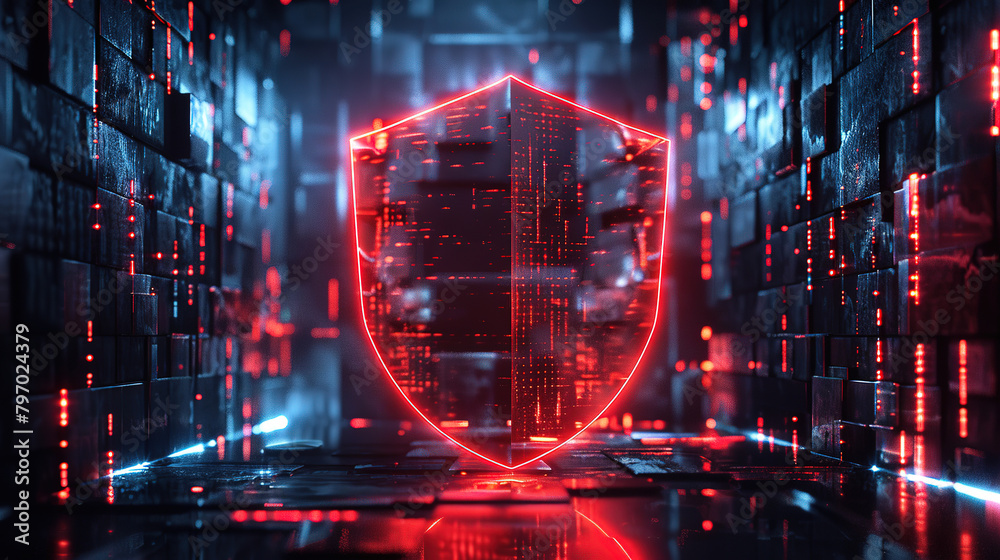 Abstract, minimalistic banner concept of shield protects against hacker attacks with empty copy space