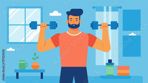A man uses a set of dumbbells to perform a variety of upper body exercises for a home strength training session..