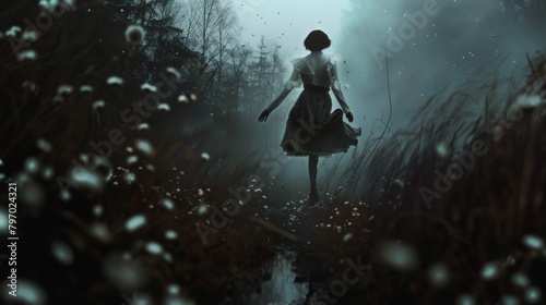 A surreal image showing a girl levitating above a misty stream in a forest  with white flowers adding to the mystical vibe