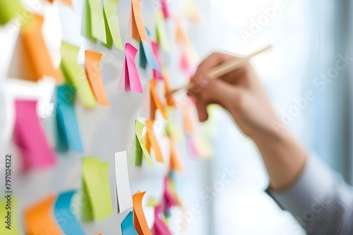 Business professionals brainstorming with sticky notes on a whiteboard in a meeting. Concept Business Strategy, Team Collaboration, Creative Ideation, Professional Development, Strategic Planning