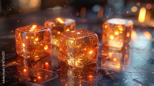 Luminous fiery dice on metallic surface, glowing warmly in dim light