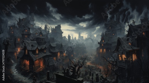 A highly detailed artwork of an eerie  gothic-style village under a foreboding night sky  invoking a sense of dread
