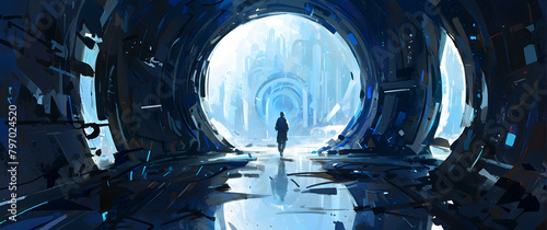 A digital artwork of a futuristic cityscape with a lone figure standing at the threshold of a portal photo