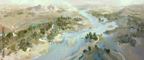 Expansive image capturing a river winding through a diverse landscape  symbolizing life s journey