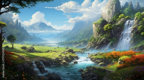 Vividly colored painting illustrating an idyllic waterfall and mountain landscape bathed in golden sunshine