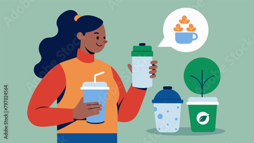 A person is seen using a reusable water bottle and coffee mug ting down on the cost and environmental impact of singleuse plastic bottles and
