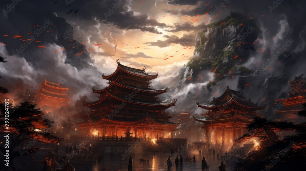 Fototapeta premium A mystical atmosphere as ancient Chinese pagodas are illuminated under a dramatic stormy sky
