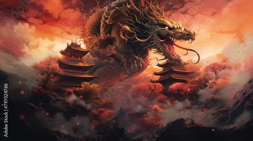 An awe-inspiring image with a massive dragon encircling ancient pagodas as dusk falls © Helen