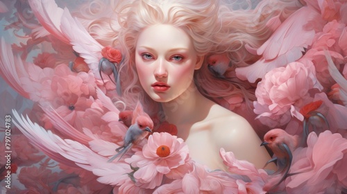 A digital painting featuring an ethereal woman with flowing hair surrounded by flowers and birds