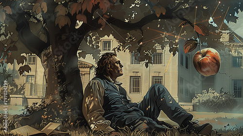 vintage style illustration of Isaac Newton resting under an apple tree. Discovery of the law of gravity, physics, XIX century icon, scientist