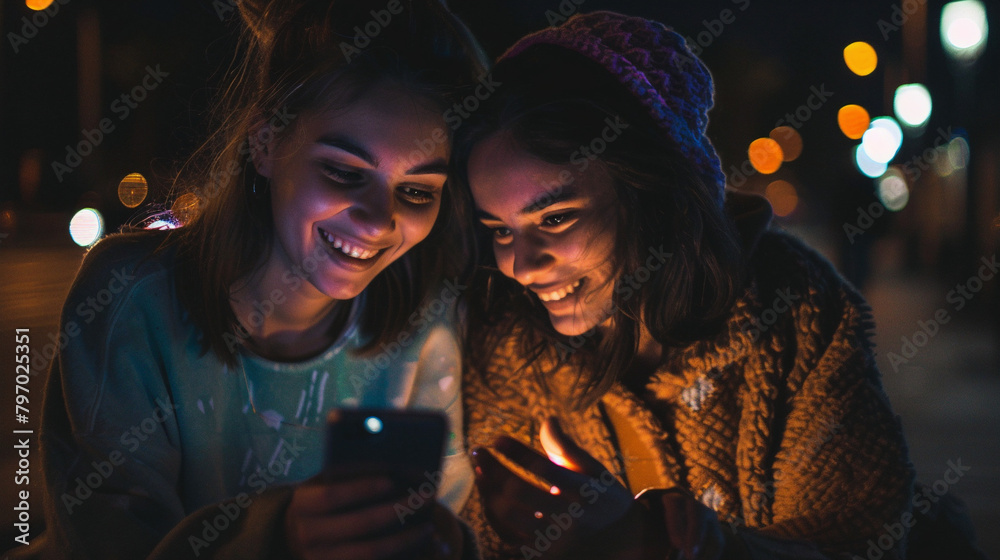 Young Women Friends Having Fun Together At Night, Using Smartphone Technology For Online Social Communication And Lifestyle