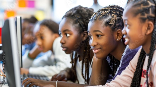 A group of young African American girls smile while looking at a computer screen at school. photo